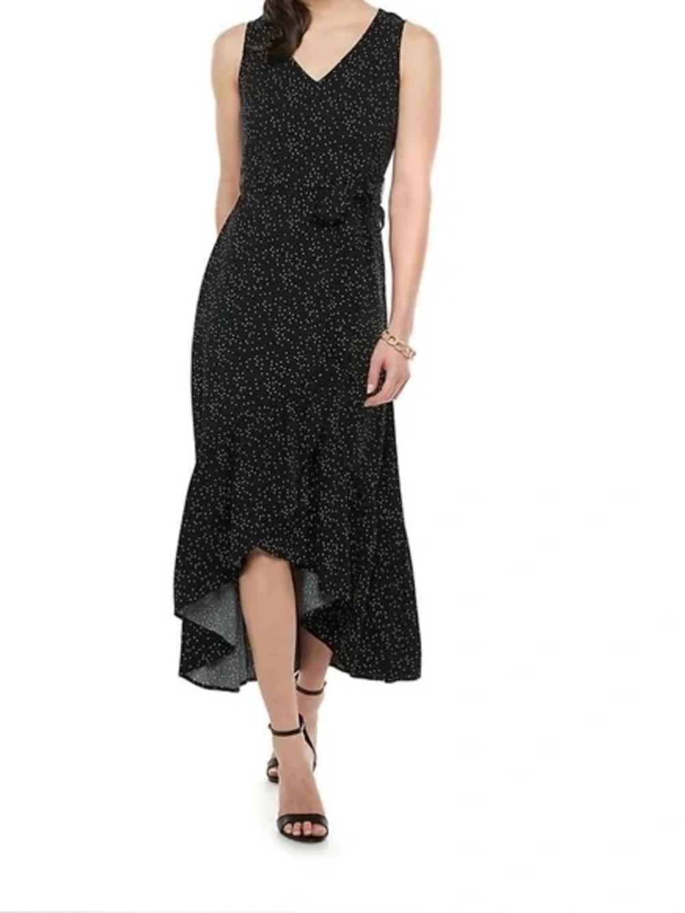Apt. 9 Black Polka Dot High-Low Ruffle Hem Sleeveless Dress, Size L